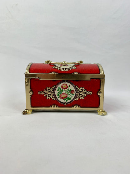 Vintage Blue Bird Confectionery Locking Treasure Box Tin with Lock & Key - Red & Gold Florals