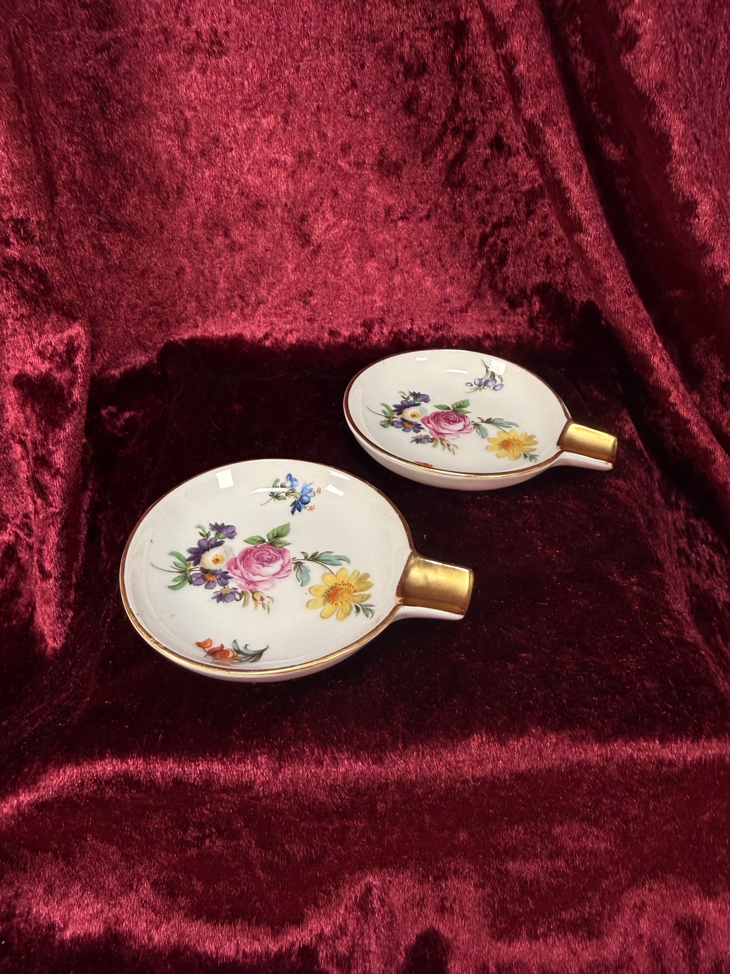 Vintage Porcelain Personal Ashtray Pair – Floral Bouquet with Gold Rim - Mitterteich Bavaria - Germany