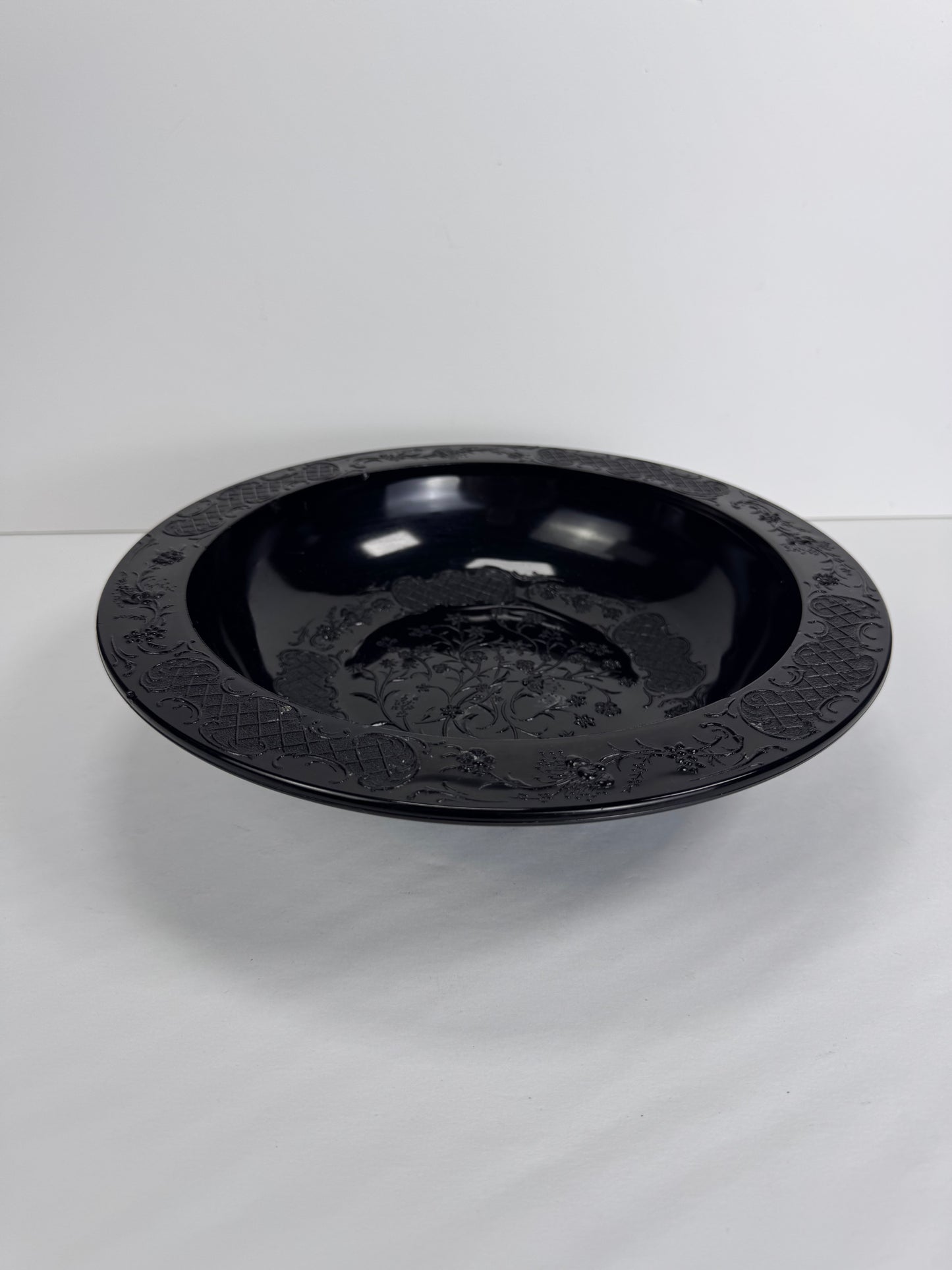 Vintage Footed Black Pressed Glass Bowl - Floral Trellis Decorative Pattern