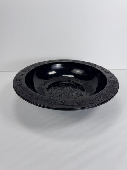Vintage Footed Black Pressed Glass Bowl - Floral Trellis Decorative Pattern