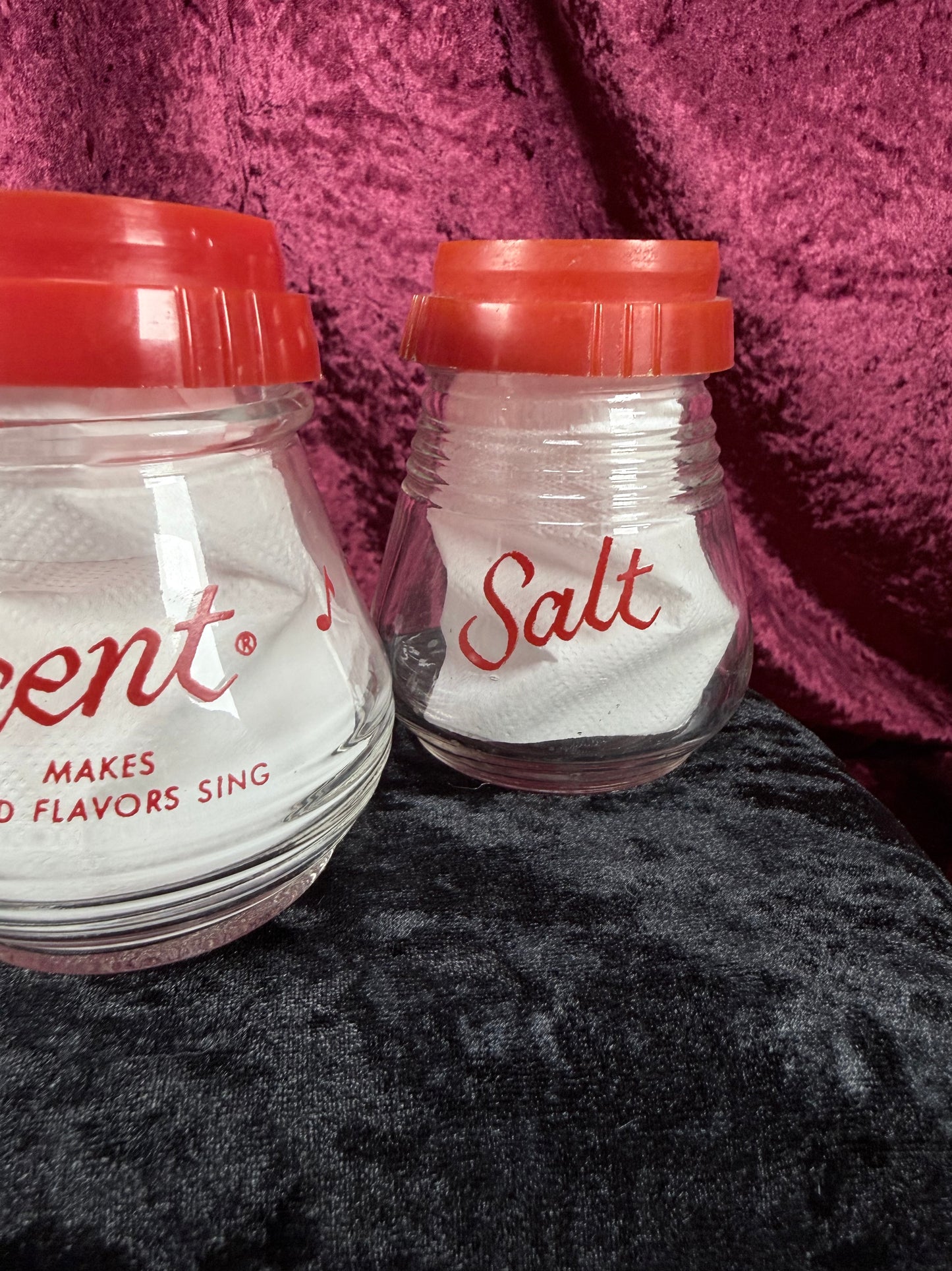 Vintage Owens Illinois Glass Spice Shaker Set - Salt Pepper Accent Red Lids Trio