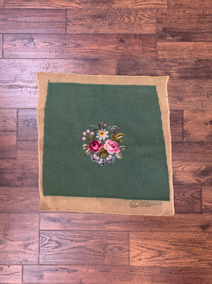 Vintage Needlepoint Unframed Fabric Square - Green Floral Bouquet