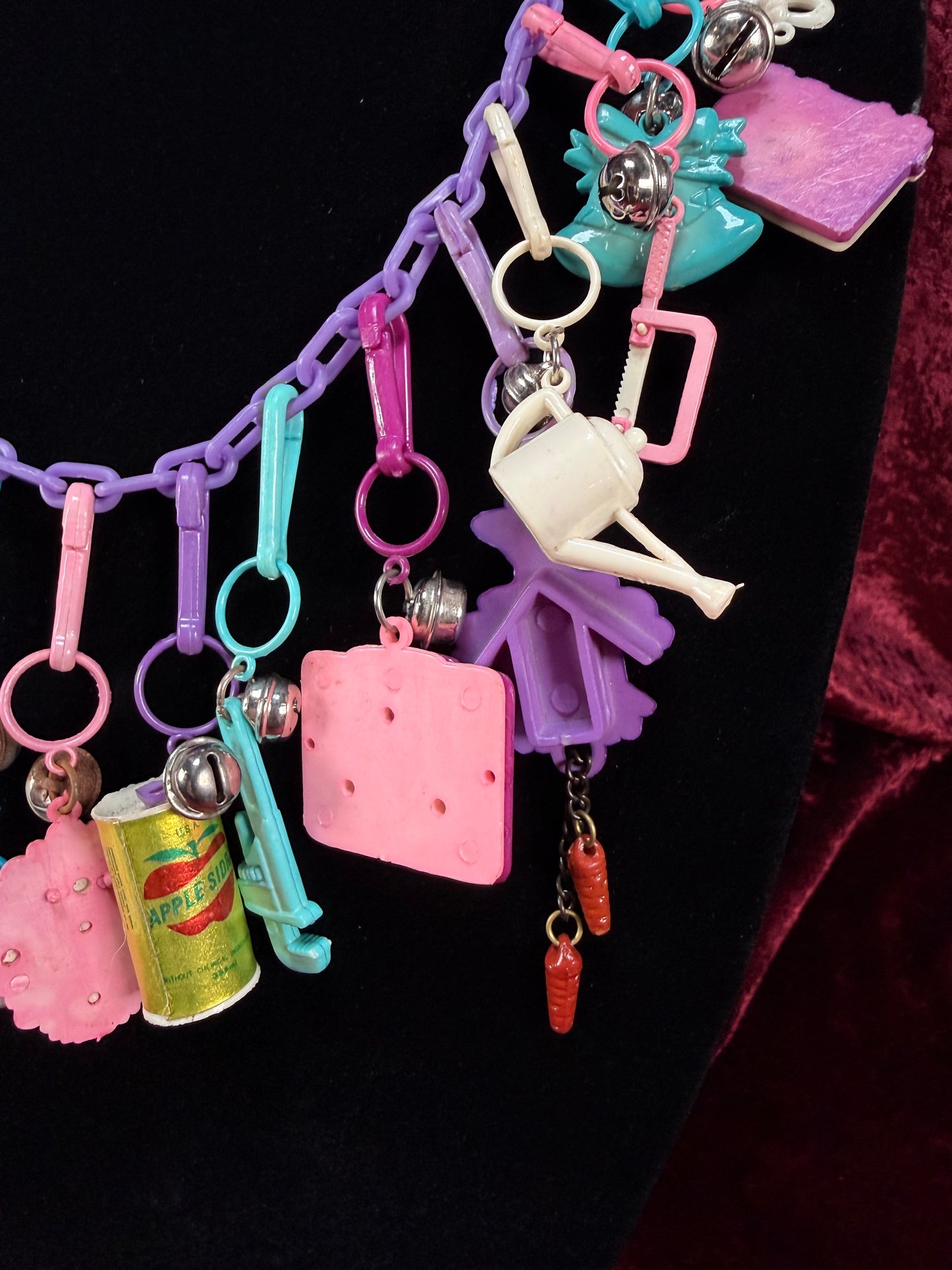 Vintage 1980s Plastic Chain Charm Necklace - 20 Bell Charms - Purple & Aqua Blue