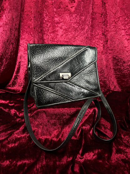 Vintage Y2K Black Leather Shoulder Bag - Reptile Embossed Patchwork Purse