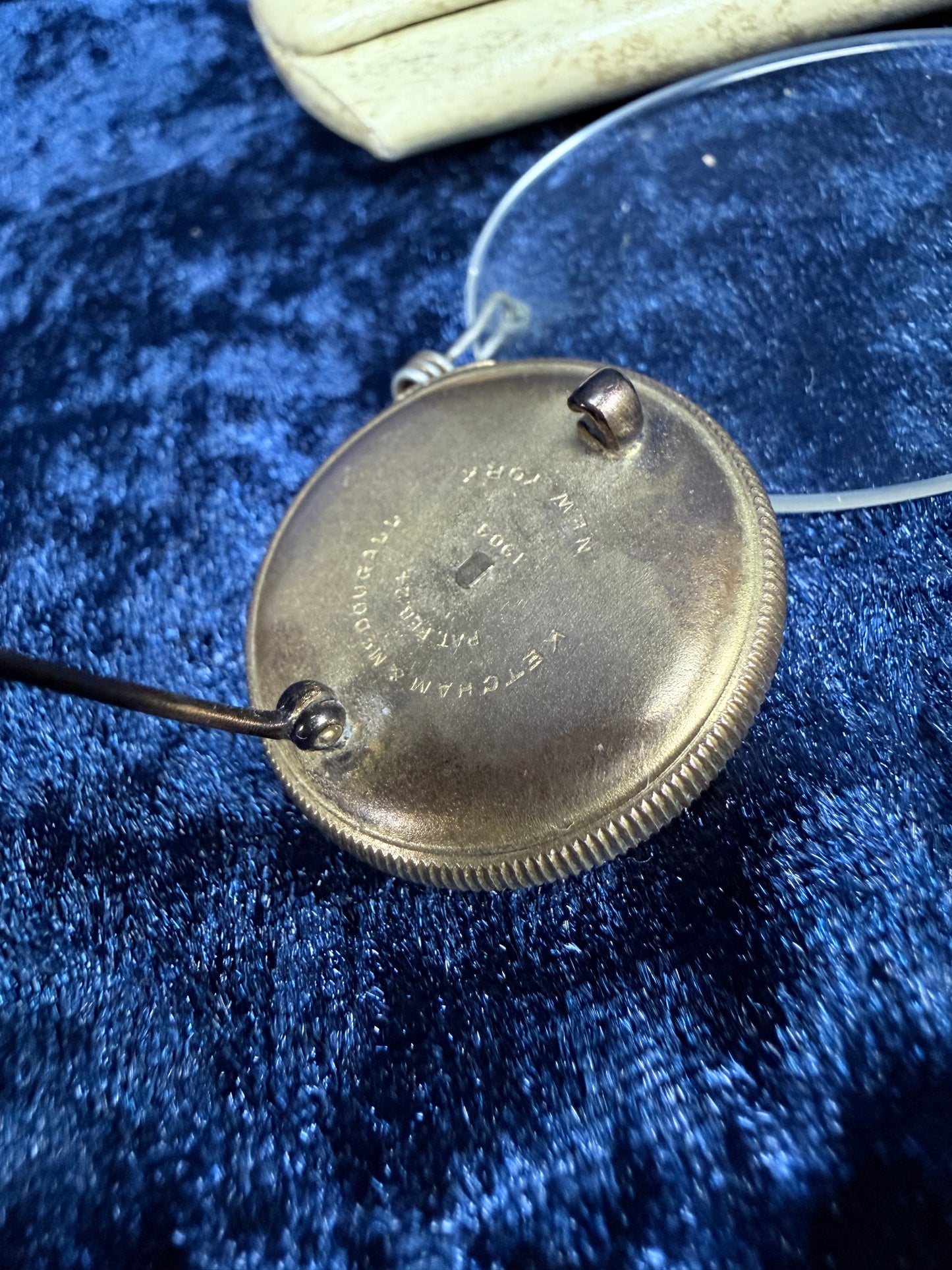 Antique Metal Jewel Pince-Nez Eyeglasses – Retractable Chain Brooch with Case