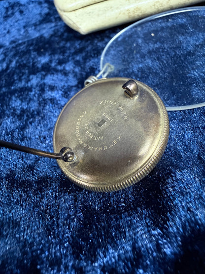 Antique Metal Jewel Pince-Nez Eyeglasses – Retractable Chain Brooch with Case
