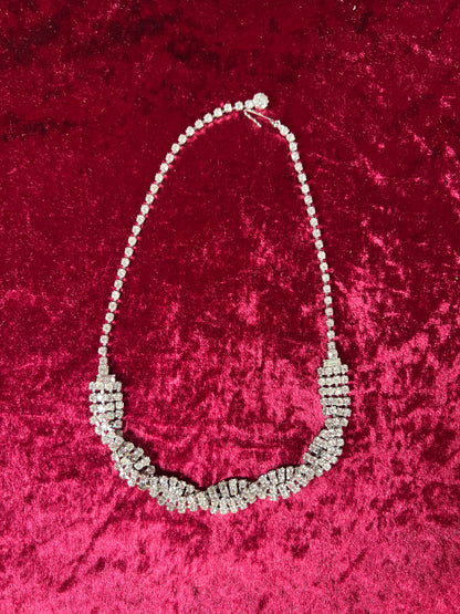 Vintage Jewelry - Collar / Choker Necklace - Silver Tone Metal - Braided Clear Rhinestones - 17.5”