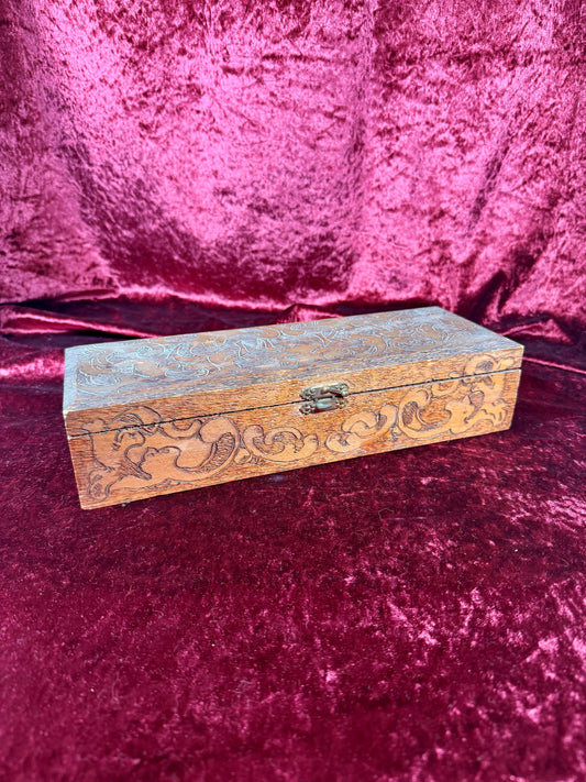 Antique Box - Hand Carved Flemish Pyrography Wood Glove Box