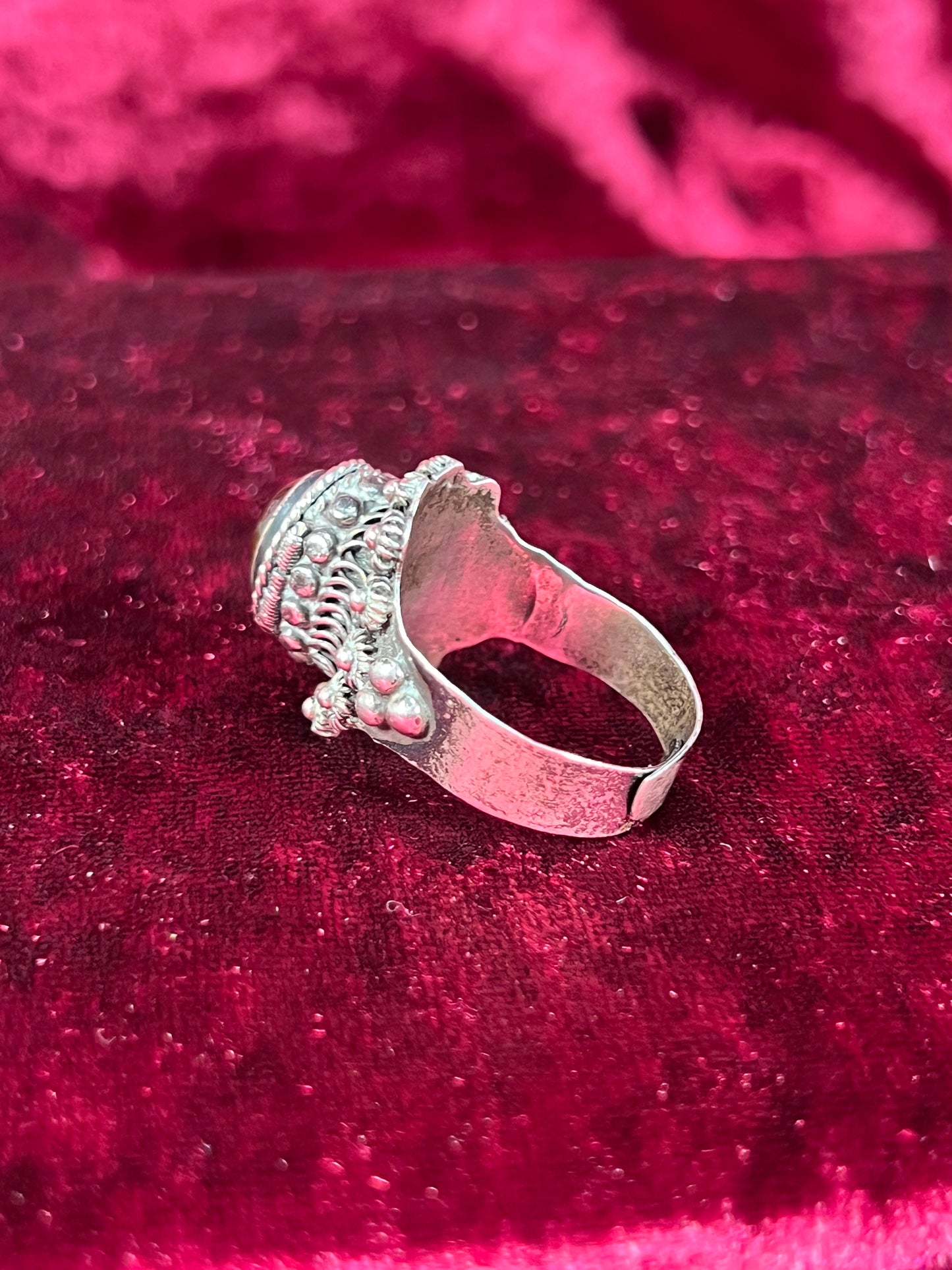 Vintage Jewelry - Adjustable Poison Ring - Sterling Silver - Tigers Eye Center Stone - Taxco