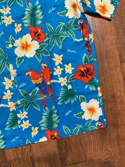 Vintage Clothing - Short Sleeve Button Up - Hawaiian Flowers and Parrots - Blue - Large - Made In Hawaii