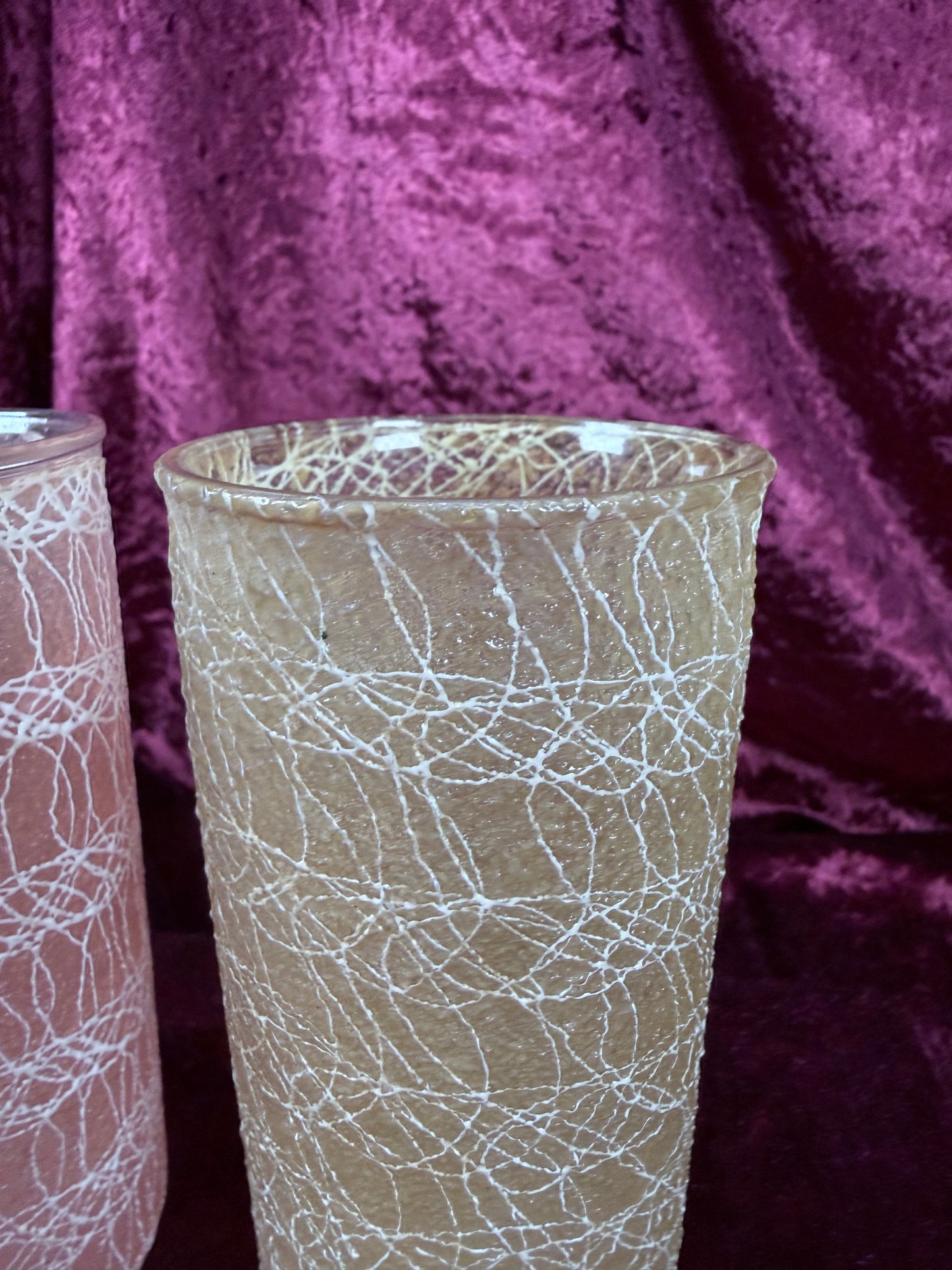 Vintage Frosted Glass Tumbler Set – White Spaghetti Overlay Pink & Yellow Pair
