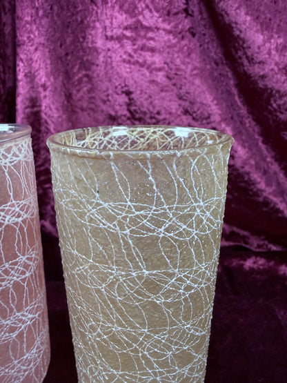 Vintage Frosted Glass Tumbler Set – White Spaghetti Overlay Pink & Yellow Pair