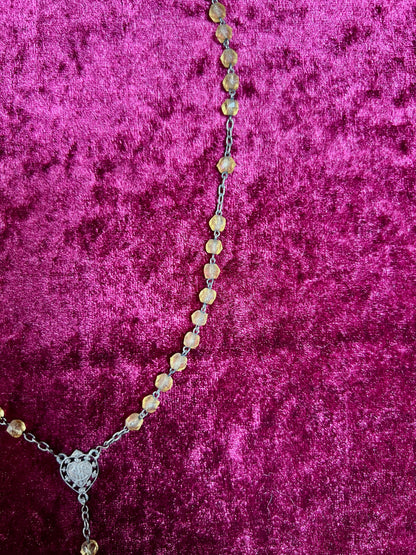 Vintage Jewelry - Rosary Beads - Faceted Amber Beads - Silver Tone Cross - 13.75"