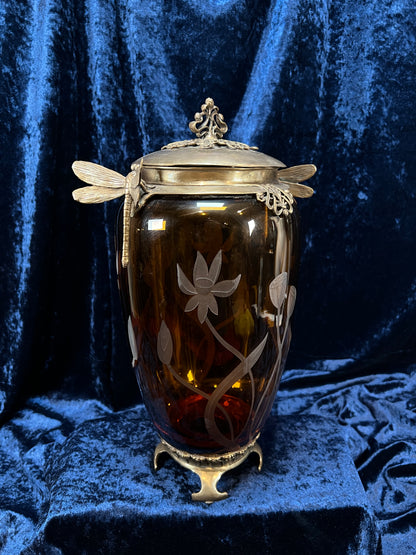 Vintage Art Nouveau Revival Opium Jar - Etched Poppies on Amber Glass - Castilian Poland