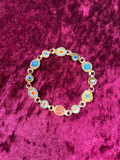 Vintage Jewelry - Bracelet - Gold Tone Metal - Round Glass Tiles