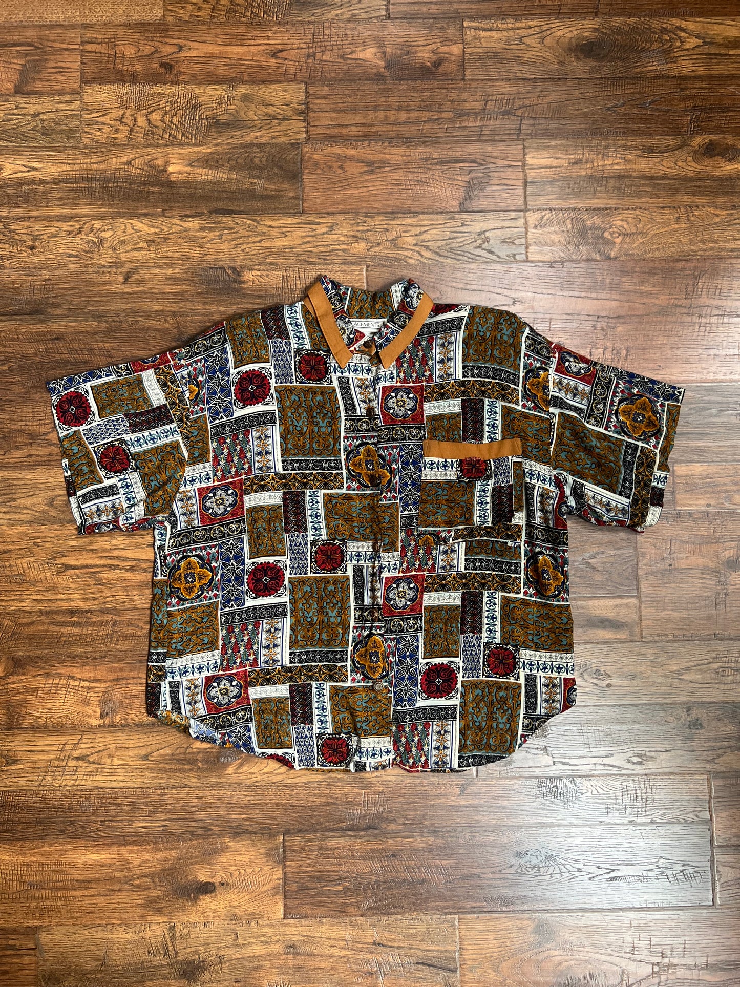 Vintage Clothing - Collared Button Up Short Sleeve Shirt - Mosaic Tiles Print - X-Large - Placements