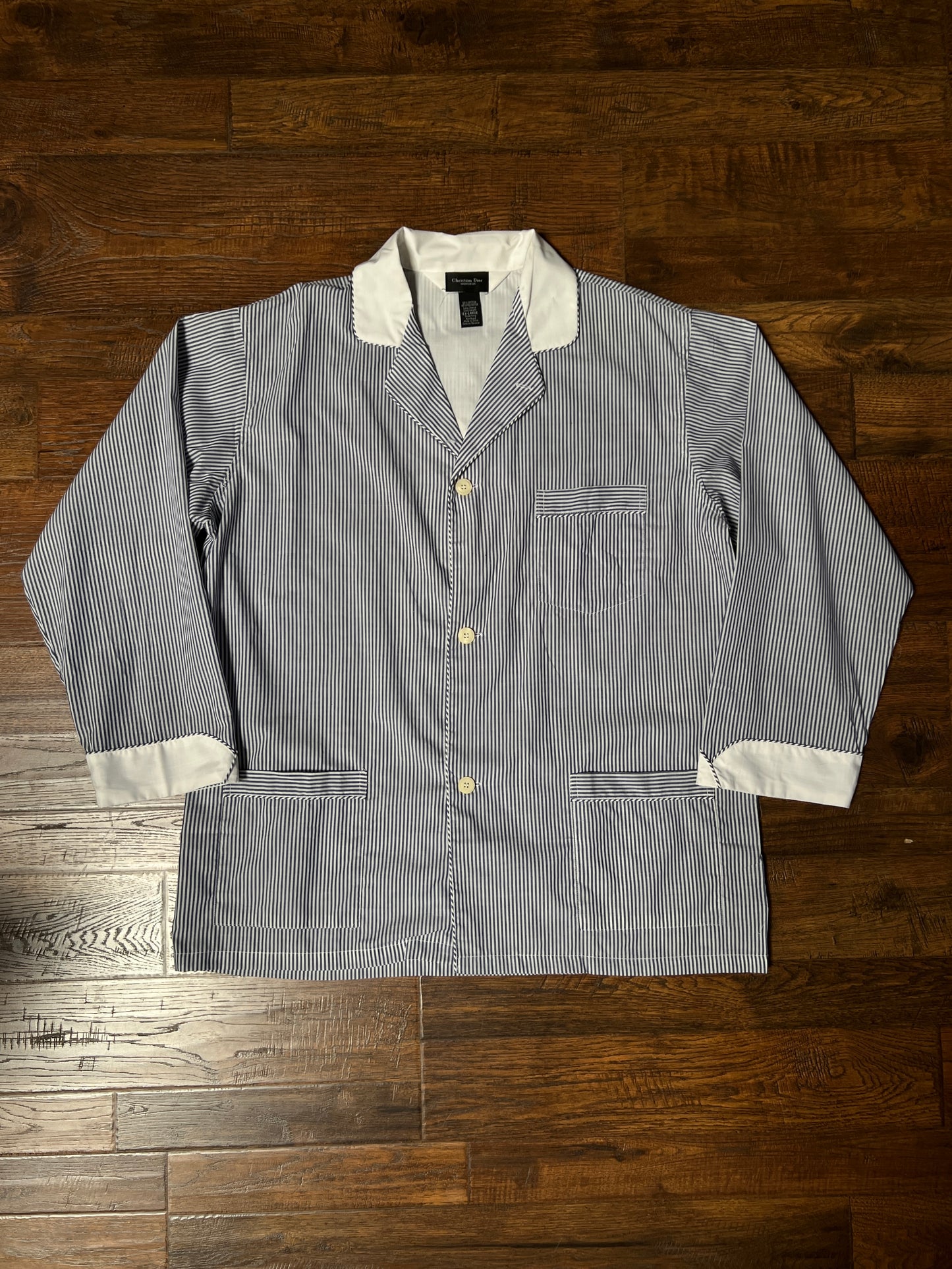 Vintage Christian Dior Monsieur Cotton Blend Pajama Shirt - Blue Pinstripe Top - X-Large