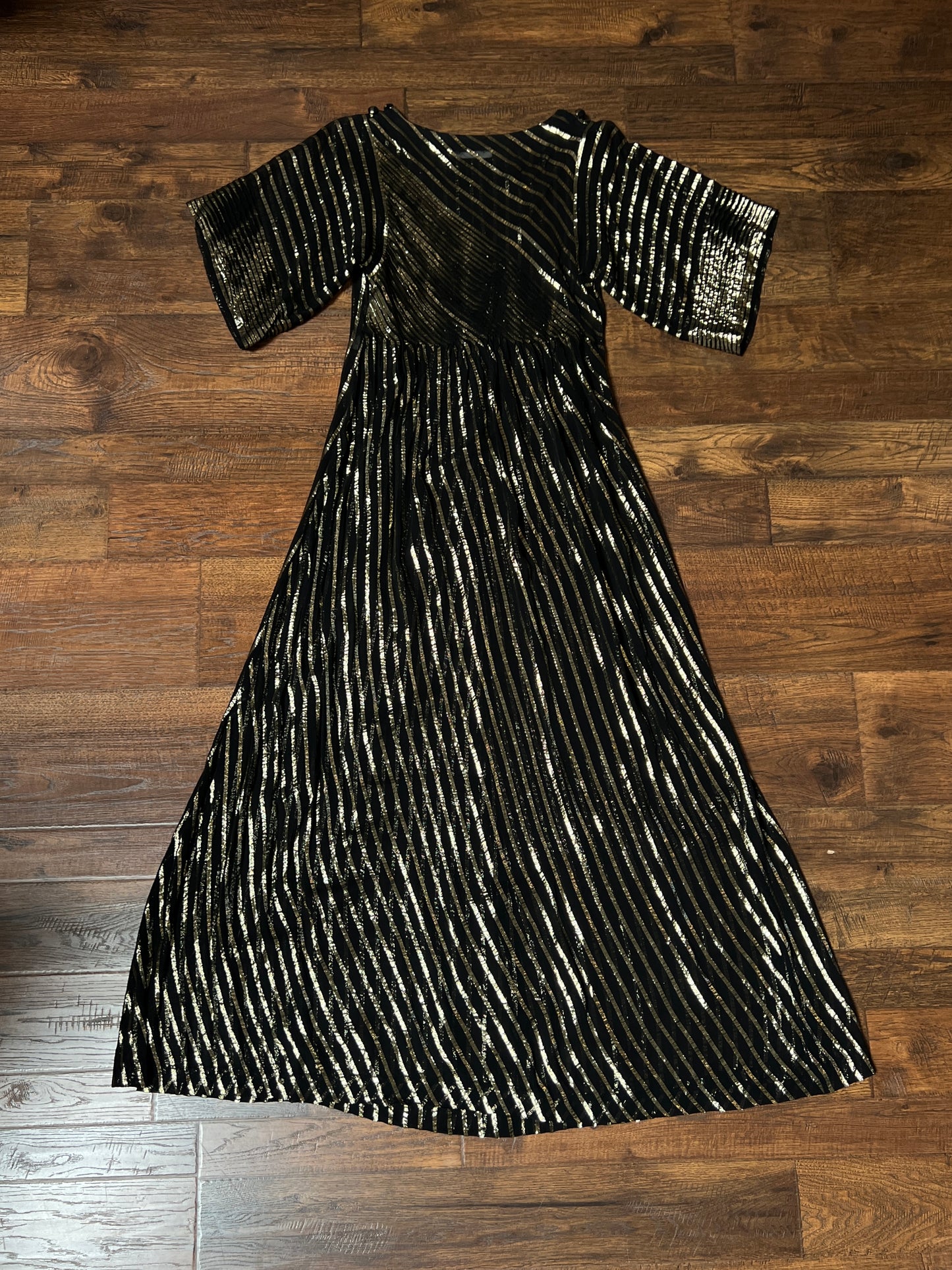 Vintage Albert Nipon Maxi Dress -  Metallic Gold  Sheer Black Butterfly Sleeve Gown - Medium