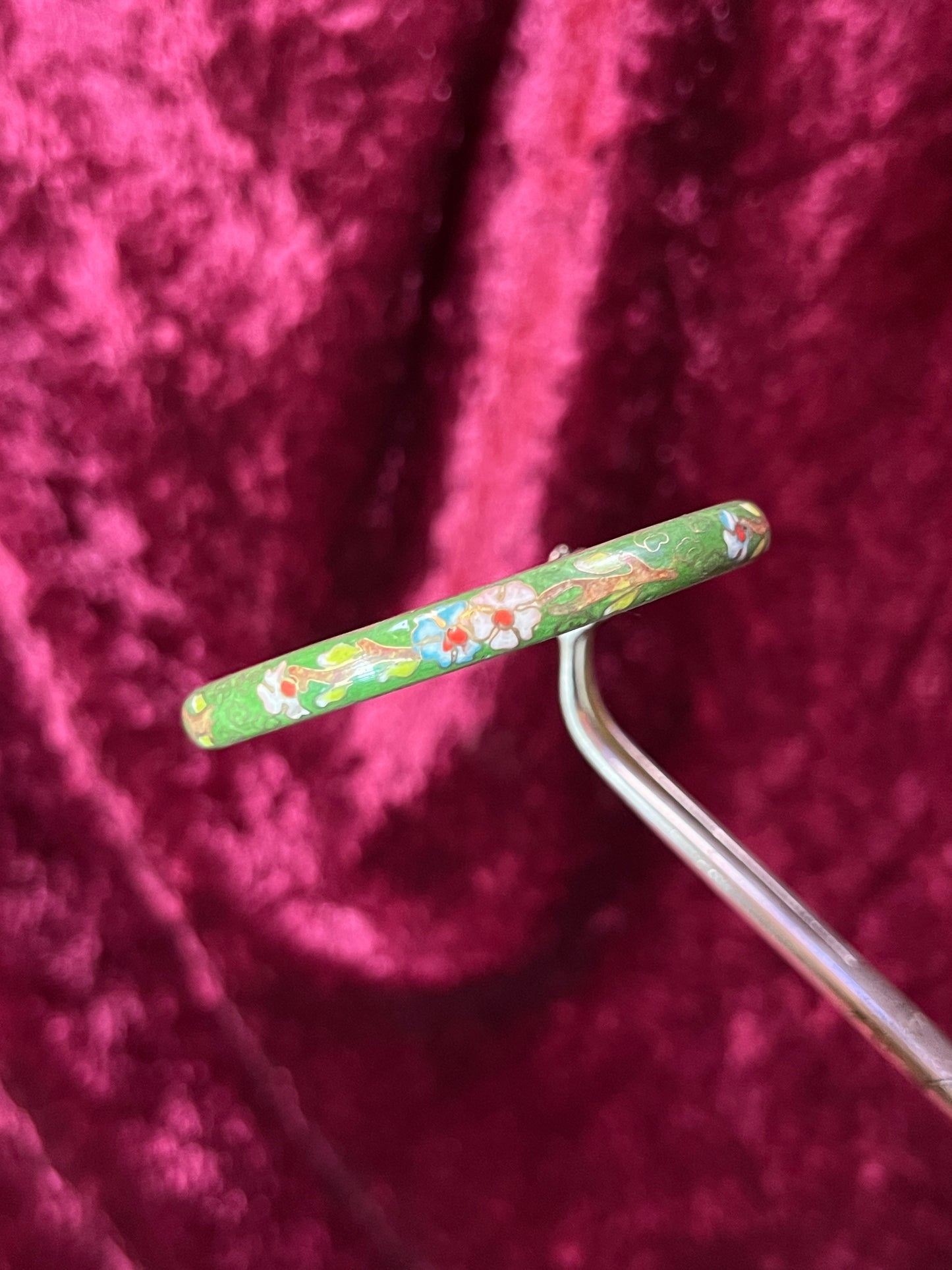 Vintage Jewelry - Cloisonne Bangle Bracelet - Pink and Blue Flowers on Green