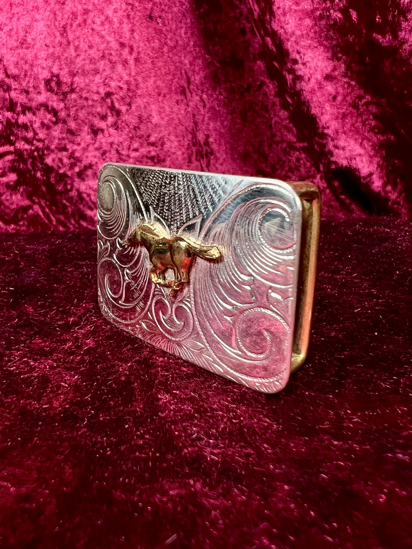 Vintage Nickel Silver Western Belt Buckle Pair - Bucking Bronco and Mustang Engraved