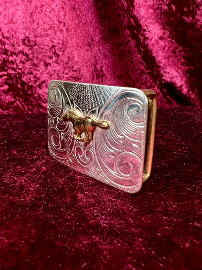 Vintage Nickel Silver Western Belt Buckle Pair - Bucking Bronco and Mustang Engraved