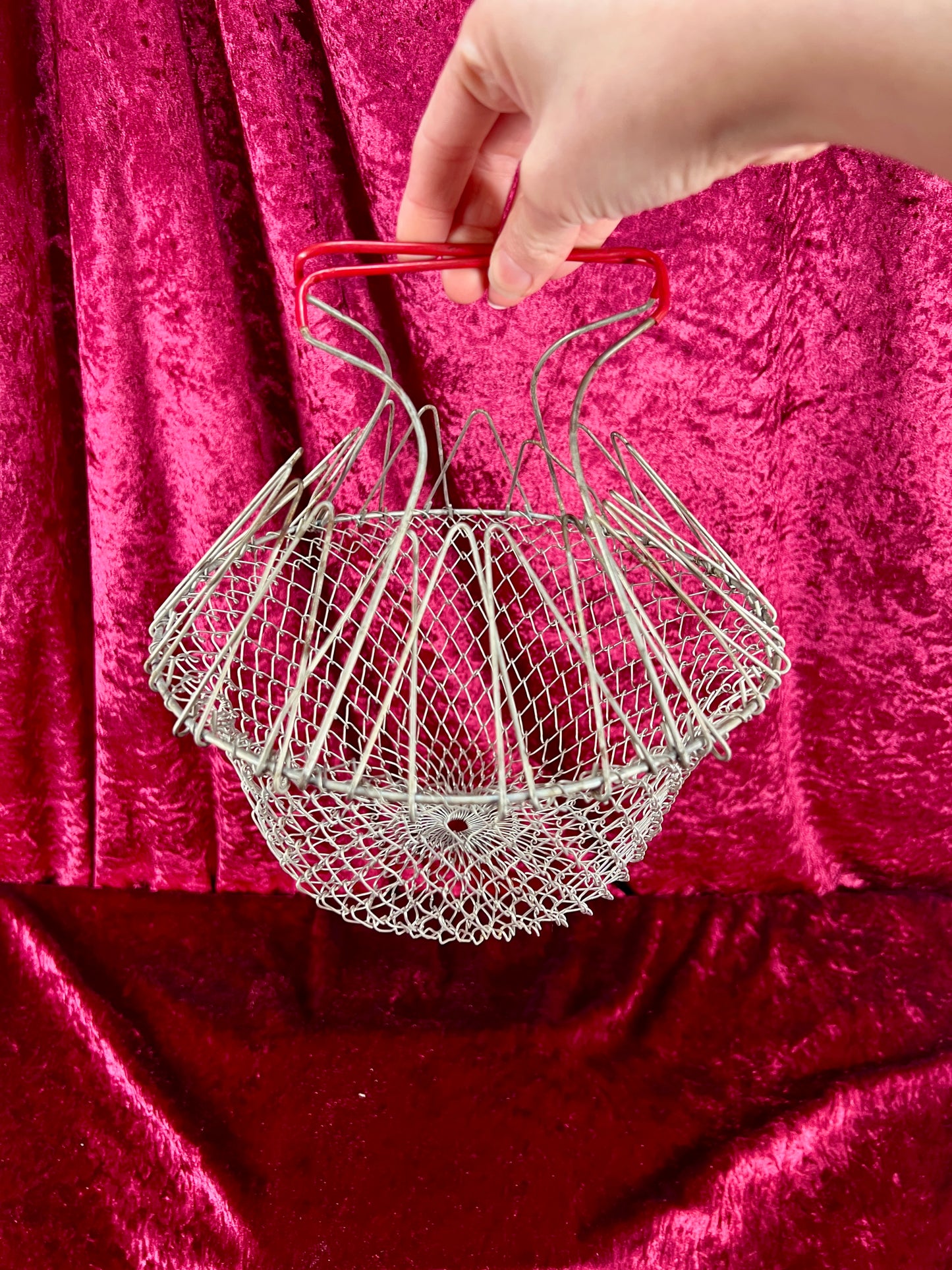 Vintage Basket - Metal Wire Egg Gathering Basket - Red Handles