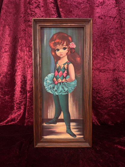 Vintage Mid Century Framed Wall Art – Big Eyes Harlequin Ballerina Girl Portrait - Moppet by Jean Maio
