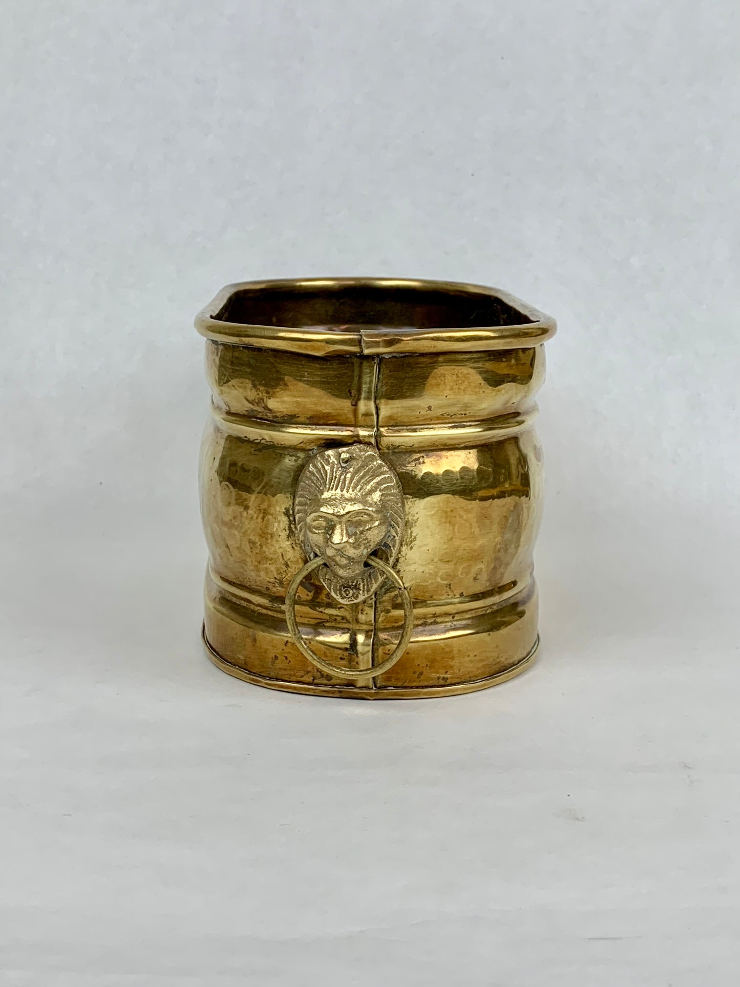 Hammered Brass Jardiniere with Lion Heads