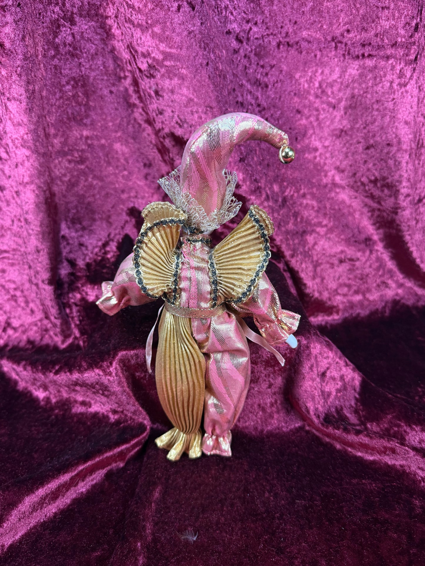 Vintage Porcelain Pierrot Doll – Pink and Gold Metallic Harlequin Figure