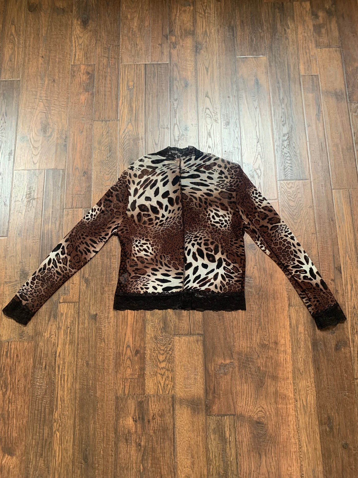 Vintage Clothing - Y2K Mesh Zip Up Sweatshirt - Leopard Print and Black Lace - Jaipur - Medium