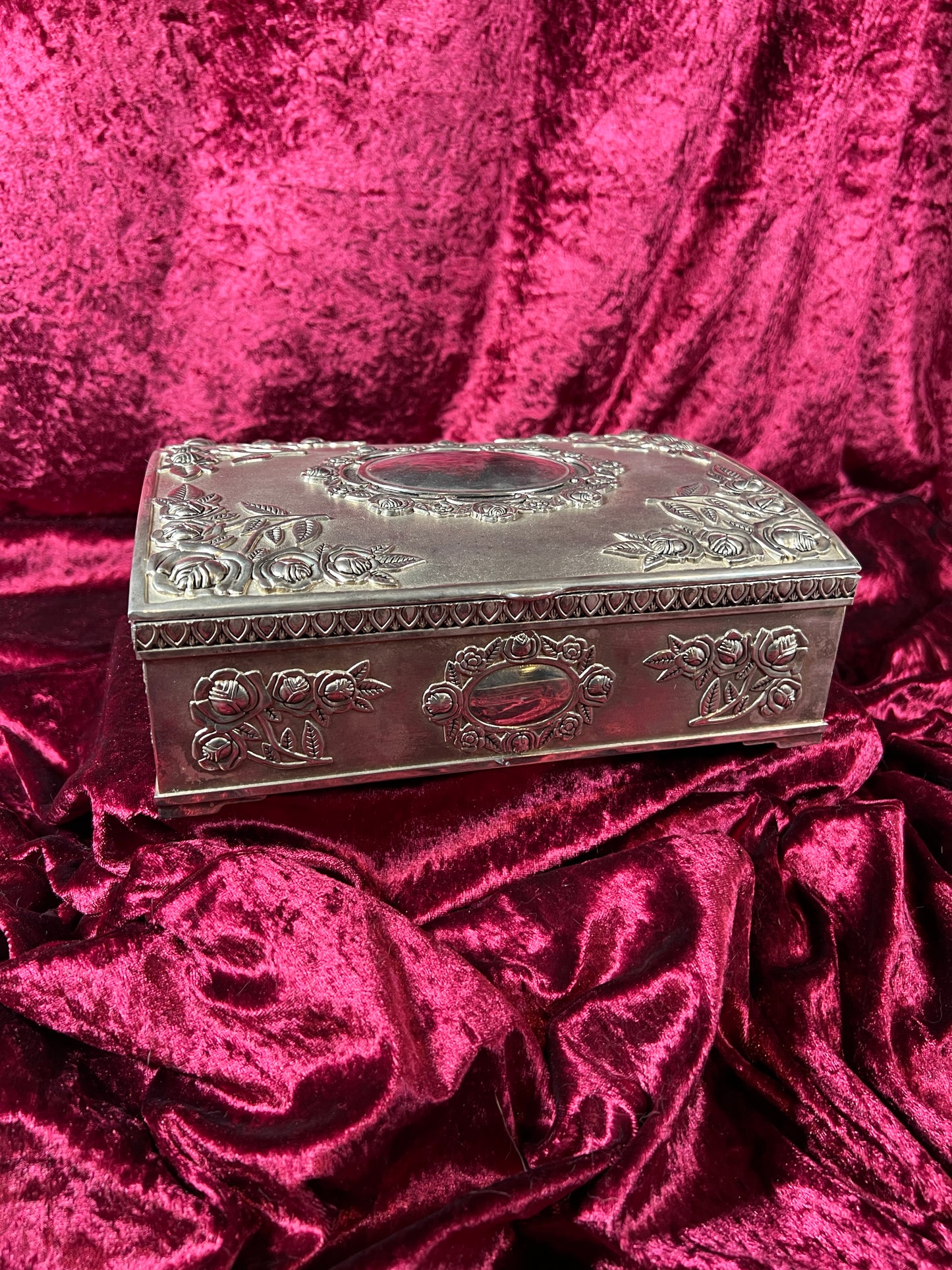 Vintage Vanity - Large Jewelry Box - Ornate Silver Rose Filigree - Red Felt Lining