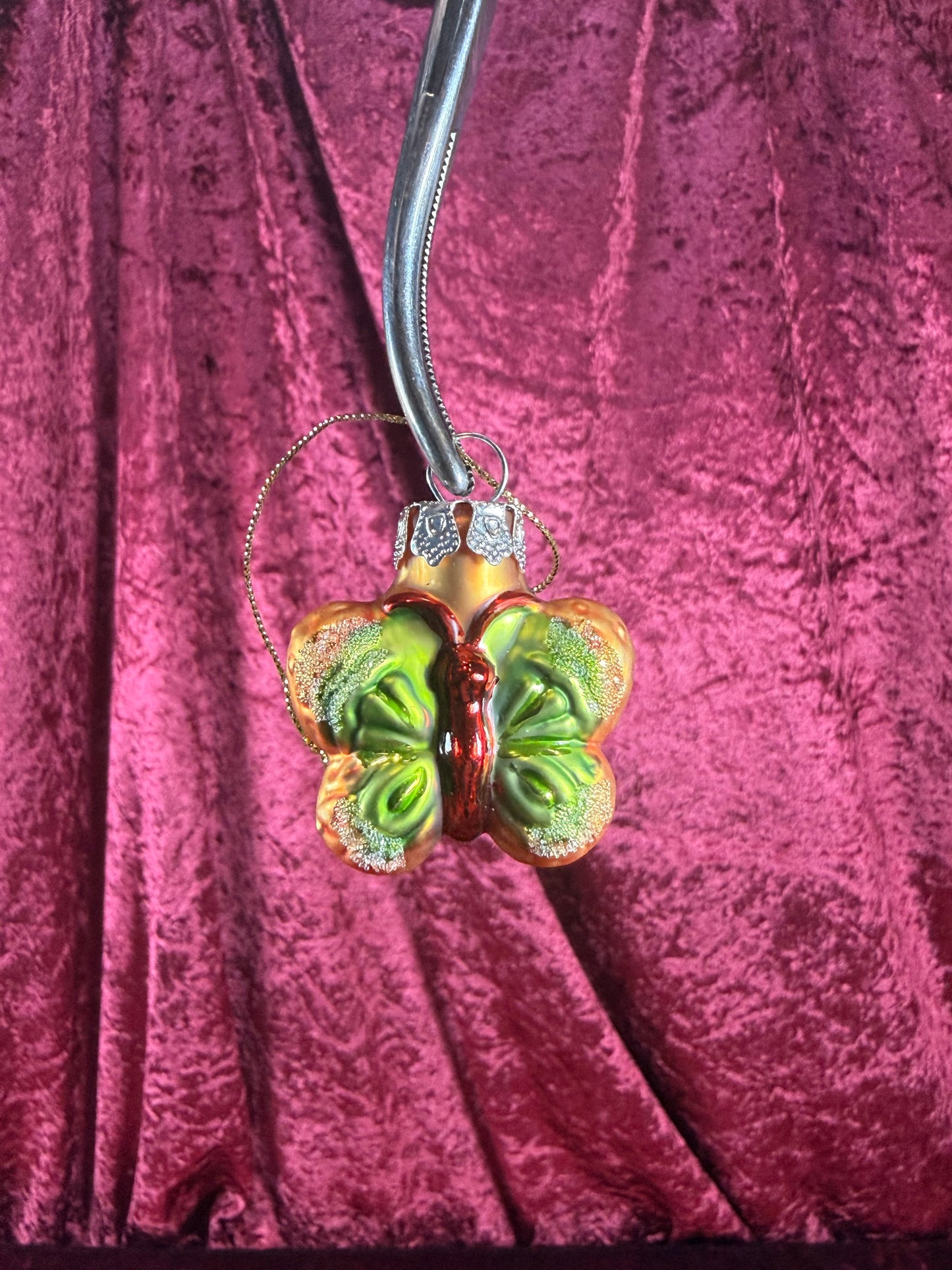 Vintage Christmas - Handblown Glass Ornament - Green and Red Butterfly - 1.75"