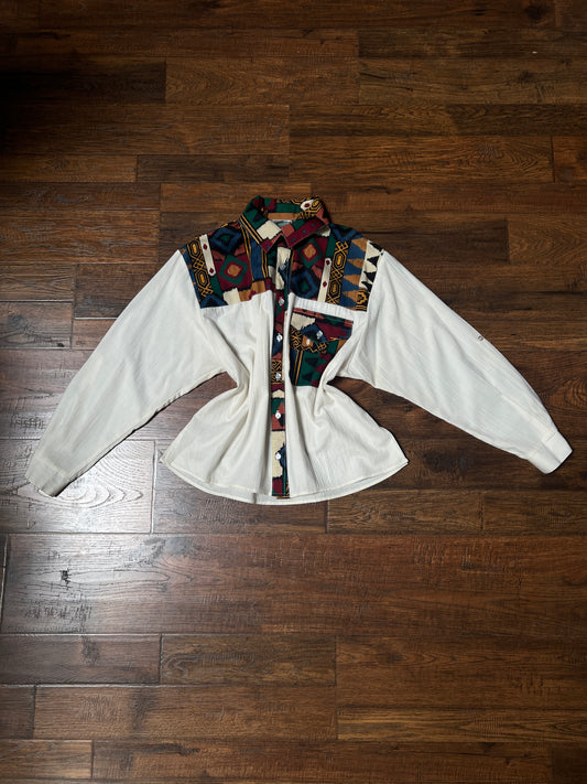 Vintage Cotton Blend Shirt – Southwestern Geometric Print Colorblock – Medium