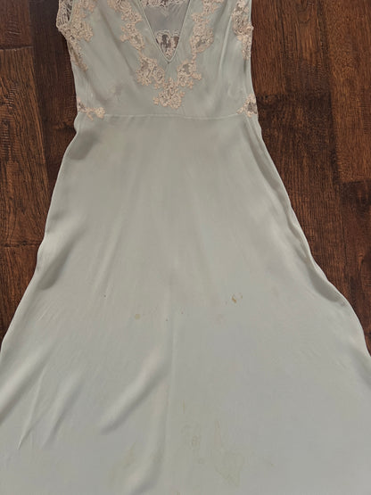 Vintage 1940s Bias Cut Slip Dress - Seafoam Green Lace Nightgown - Medium