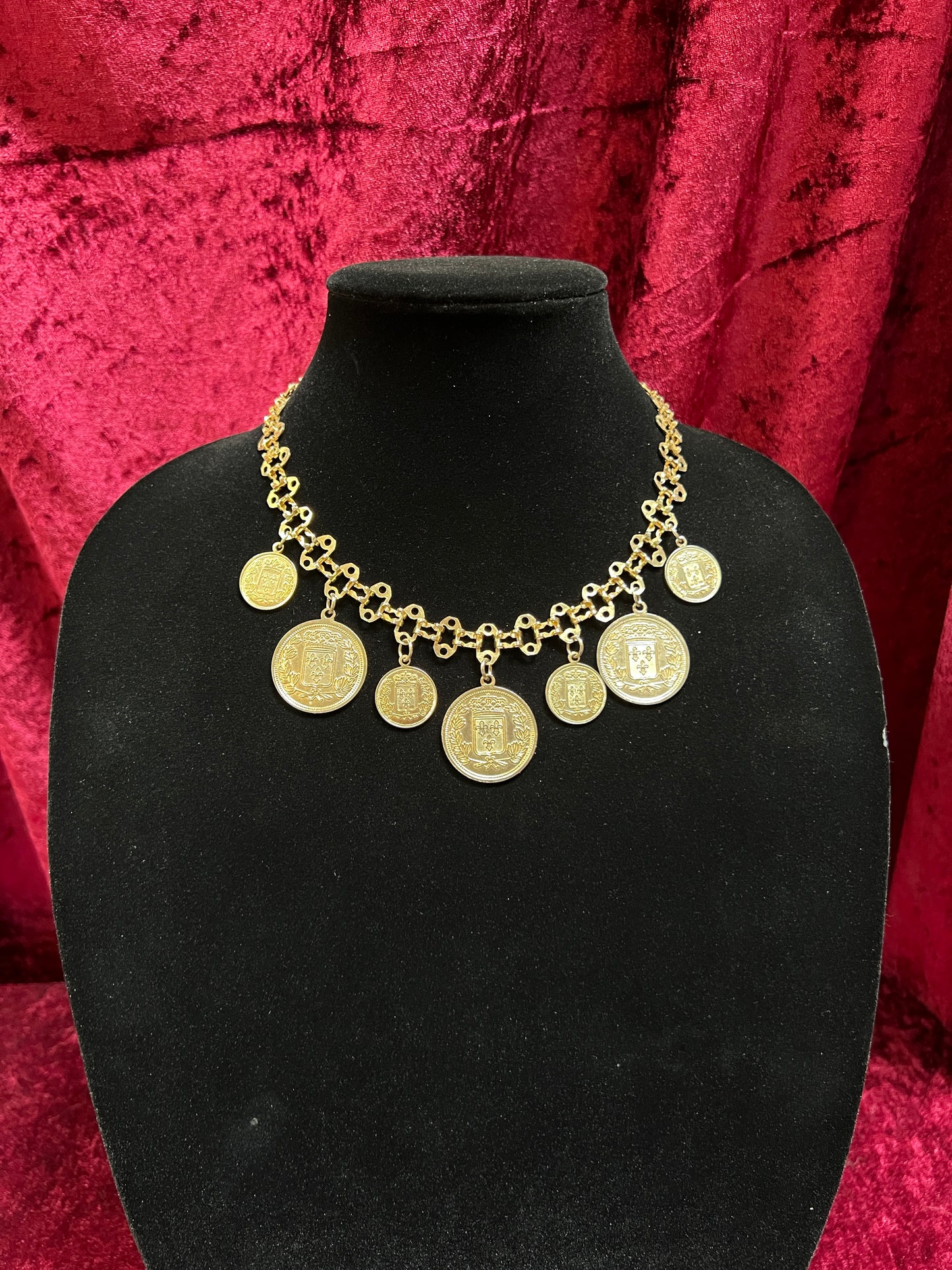 Vintage Jewelry - Reversible Necklace - Gold Tone Republique Francaise Coins - 17.5"