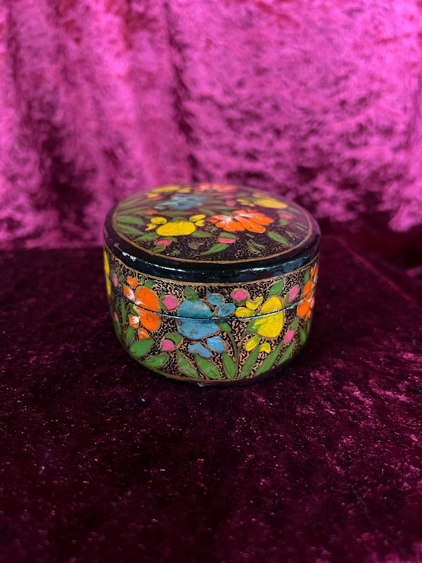 Vintage Papier Mache Trinket Box - Hand Painted Floral Kashmir Style