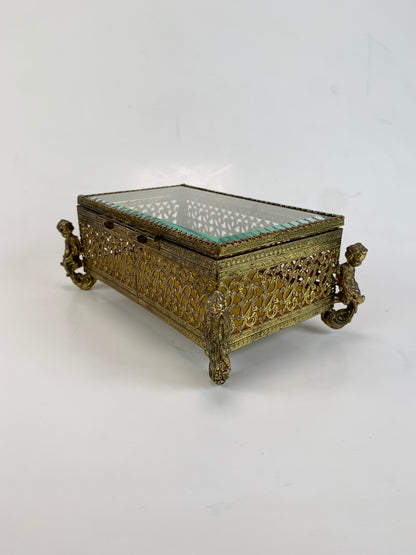 Vintage Jewelry Casket - Ormolu Felt Lined Box with Beveled Glass - Cherub Feet