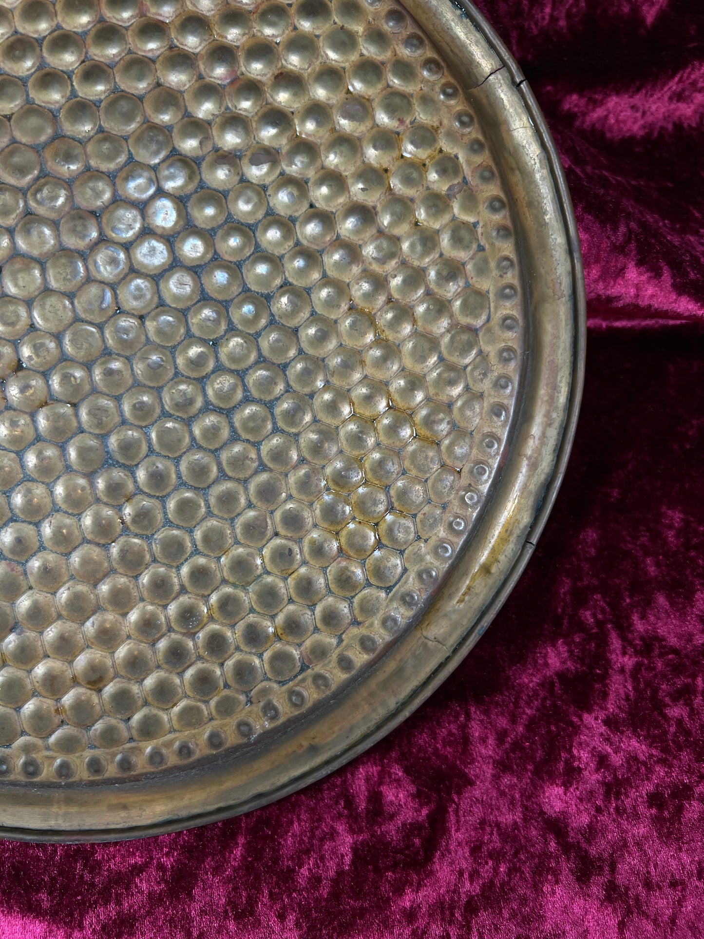 Vintage Brass Tray - Hammered Honeycomb Pattern Round Serving Platter