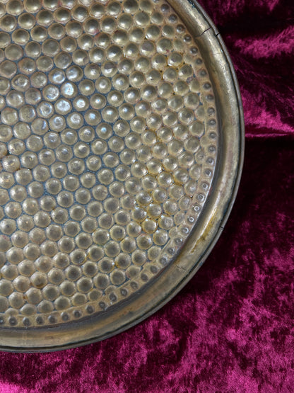 Vintage Brass Tray - Hammered Honeycomb Pattern Round Serving Platter
