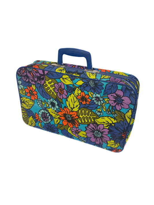 Vintage 1970s Suitcase - Colorful Groovy Floral Pattern Luggage