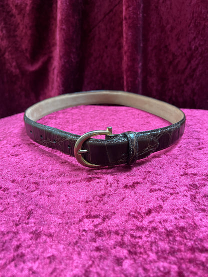 Vintage Genuine Italian Calfskin Belt – Brown Alligator Embossed with Brass Buckle -