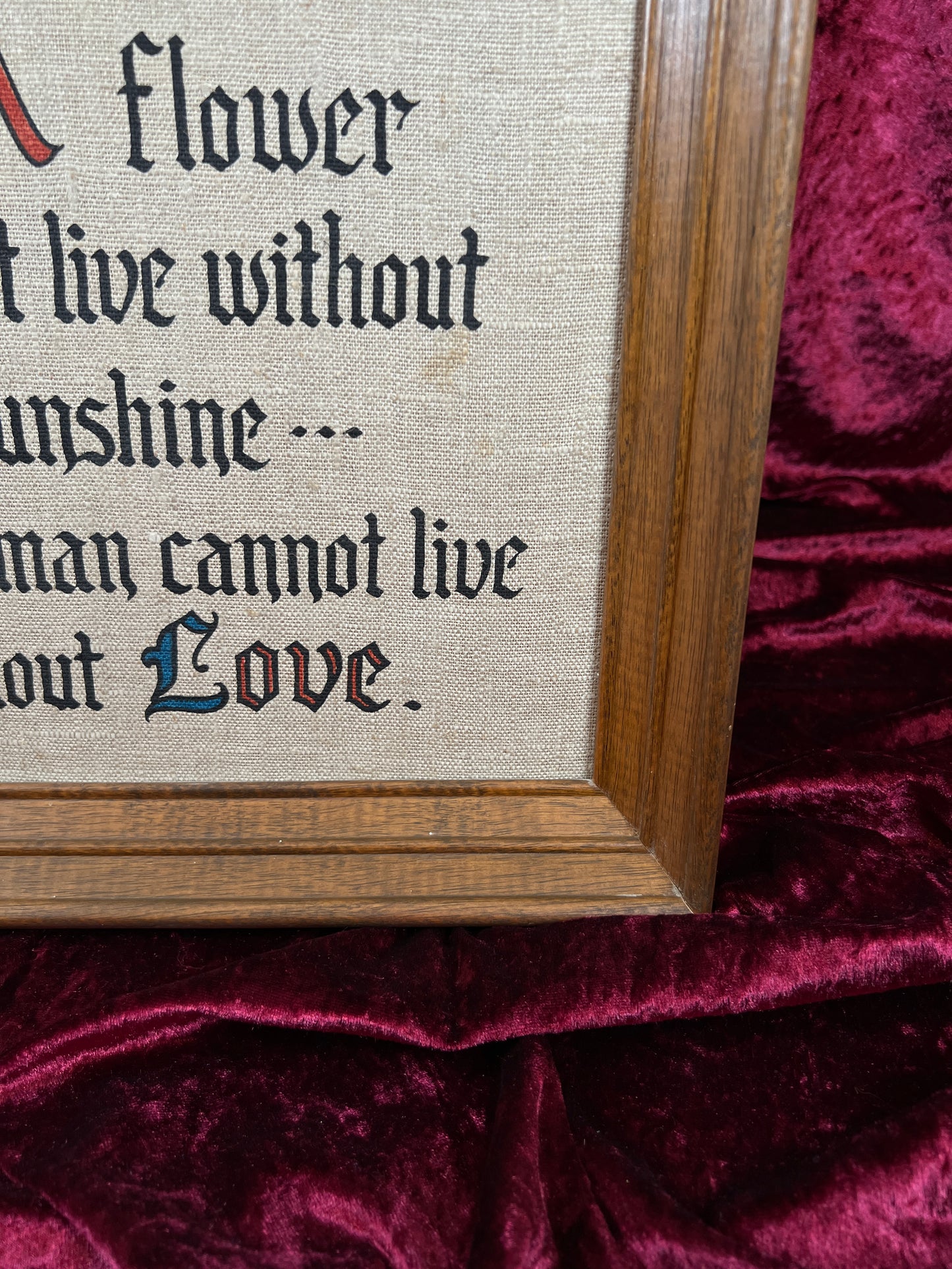 Vintage Linen Wall Art - Kay Dee Handprints Floral Love Quote Screenprint