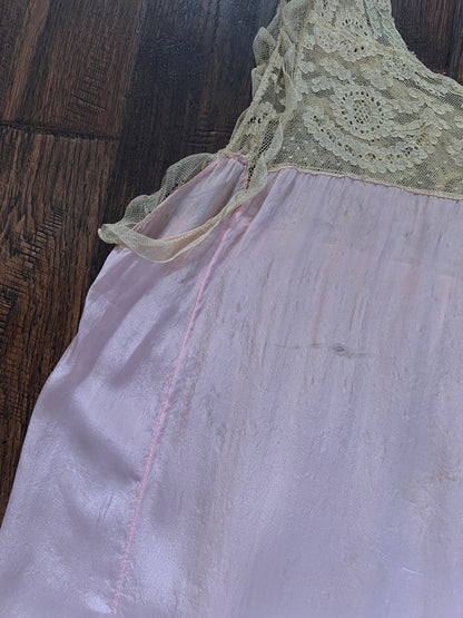 Vintage 1940s Pink Shift Nightgown - Sleeveless Lace Trim Slip Dress - Medium