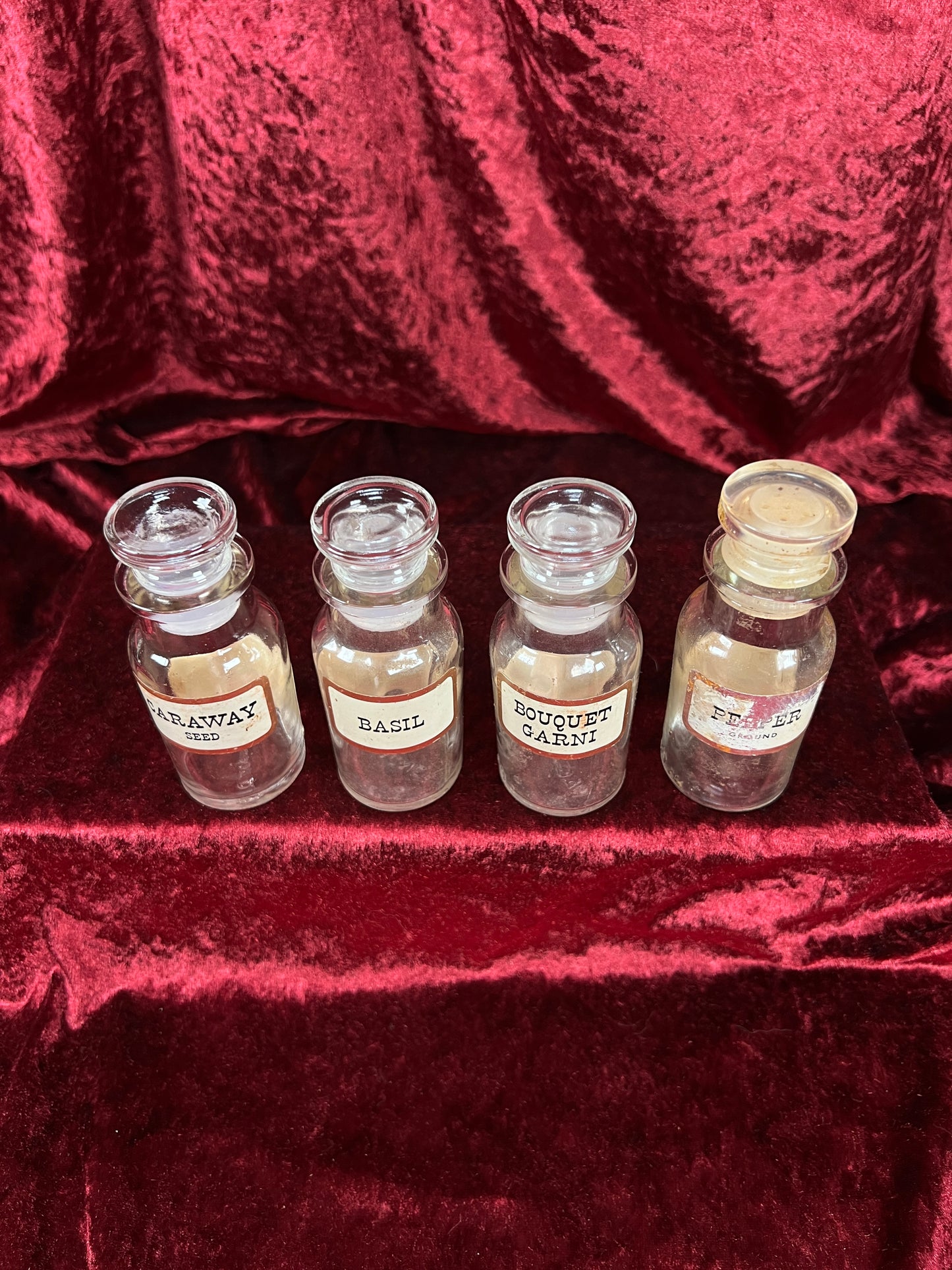 Vintage Glass Apothecary Style Spice Jar Set with Original Labels - Kitchen Collection Set