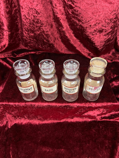 Vintage Glass Apothecary Style Spice Jar Set with Original Labels - Kitchen Collection Set