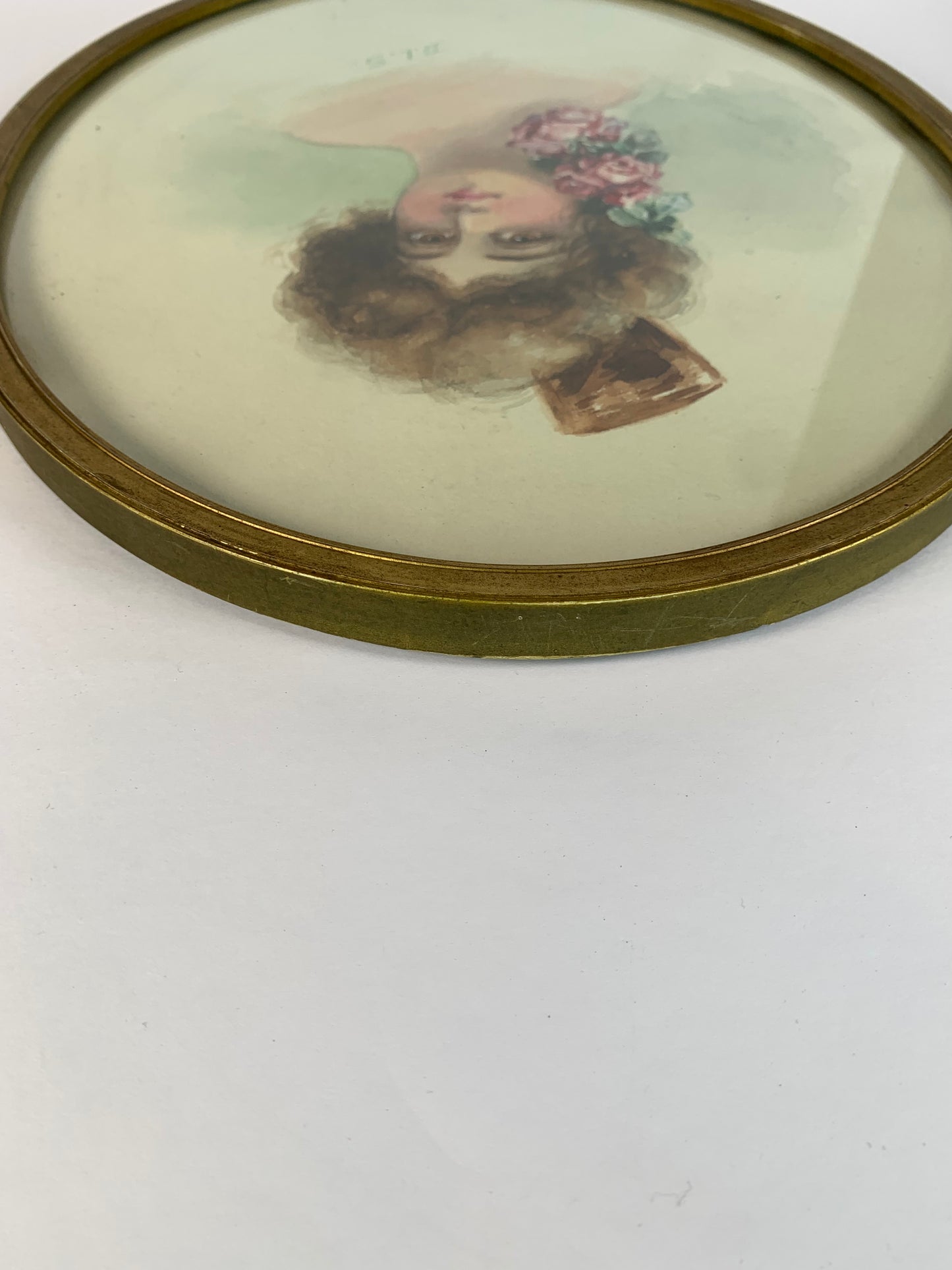 Antique Framed Watercolor - Edwardian Fisher Girl with Roses - Gold Oval Wood Frame