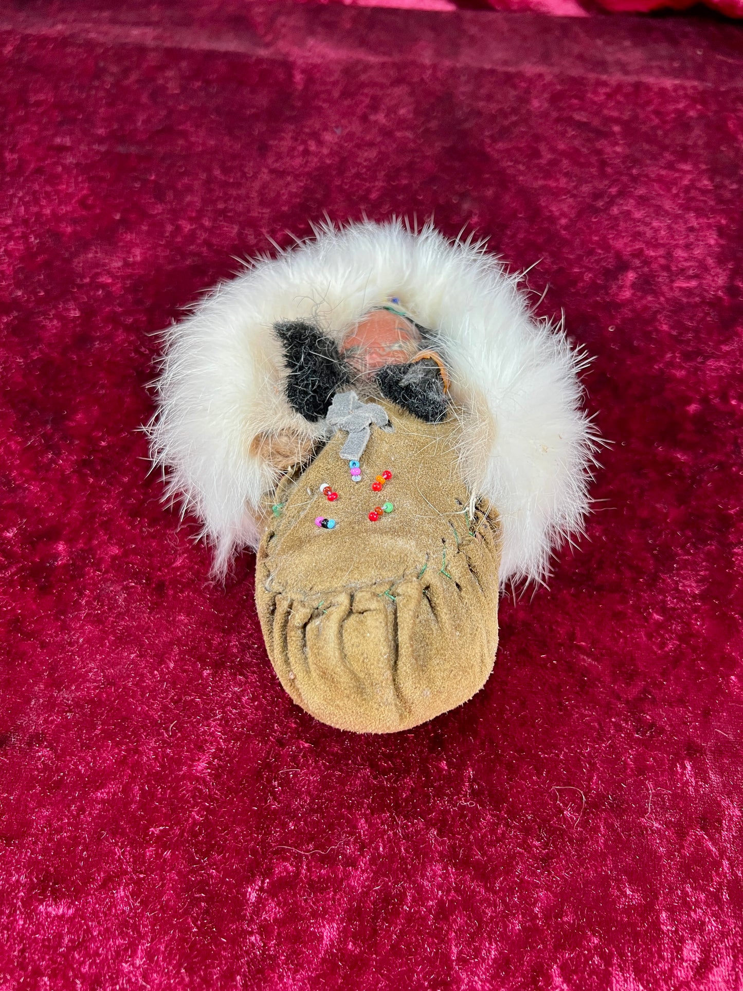 Vintage Souvenir Doll – Baby In Leather Moccasin with Rabbit Fur Trim
