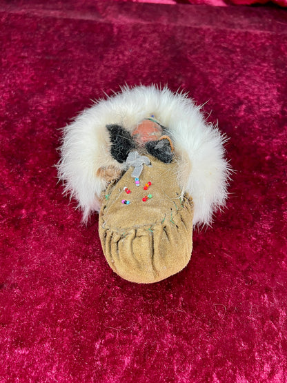 Vintage Souvenir Doll – Baby In Leather Moccasin with Rabbit Fur Trim