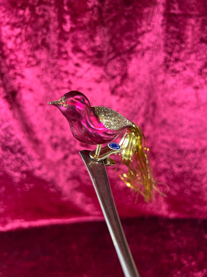 Vintage Christmas - Glass Clip-On Ornament - Burgundy Cardinal with Gold Tinsel Tail - German