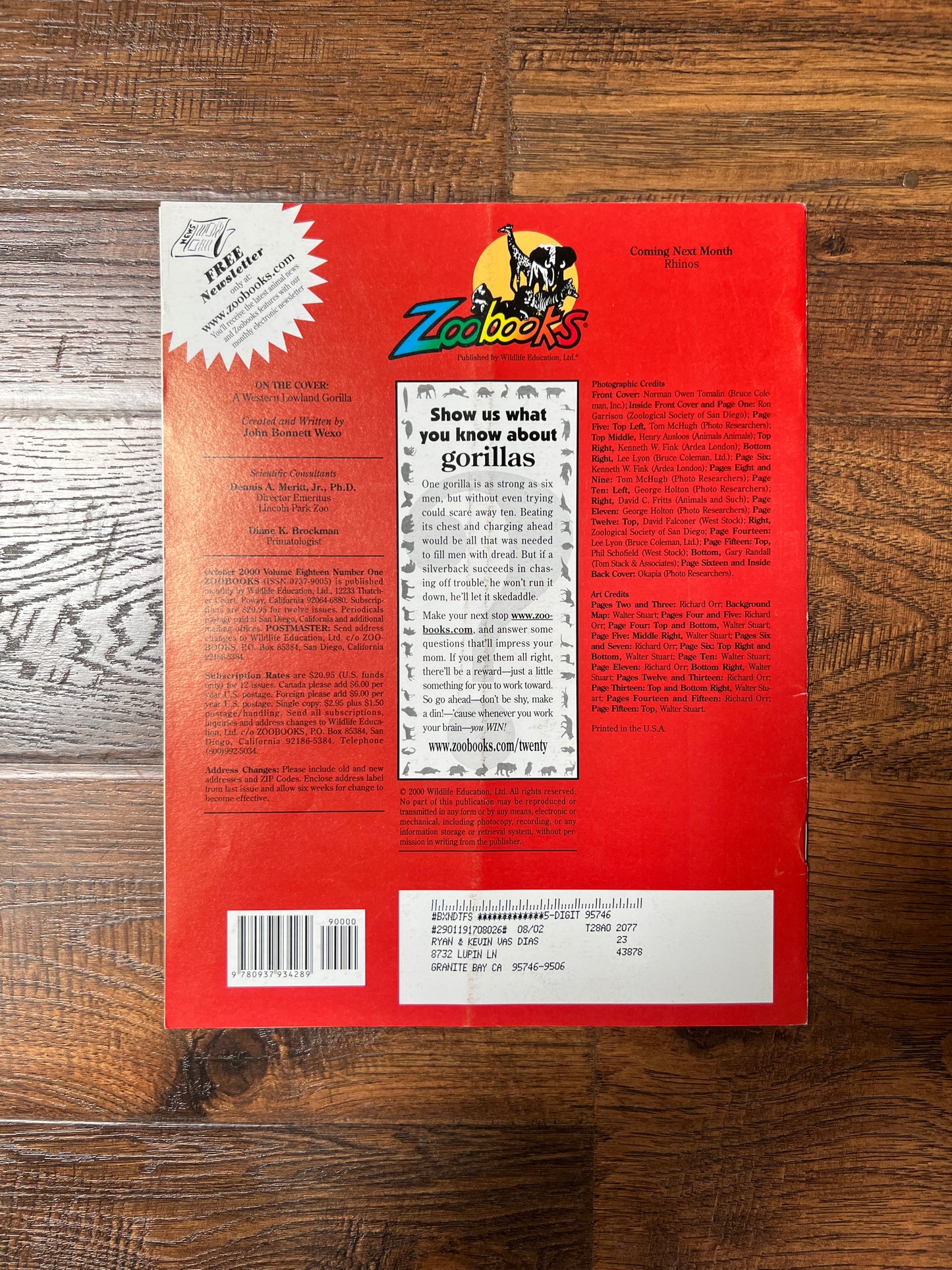 Vintage Ephemera - Magazine - Zoobooks - Gorillas - October 2000